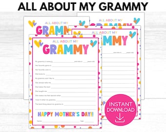 All About My Grammy Printable, Grandma Mother&#39;s Day Gift, All About Grandma Keepsake Gift, Gift from Grandkids, Grandparents Day Gift Idea