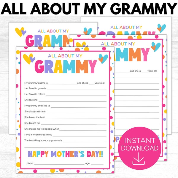 All About My Grammy Printable, Grandma Mother's Day Gift, All About Grandma Keepsake Gift, Gift from Grandkids, Grandparents Day Gift Idea