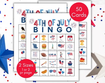 Bingo del 4 de julio, Bingo del Día de la Independencia, Bingo del 4 de julio, Bingo patriótico, Juegos del 4 de julio, Tarjetas de bingo imprimibles, Juego de fiesta del 4 de julio