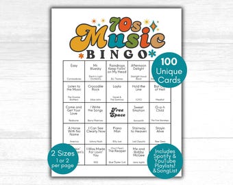 70s Music Bingo, 1970s Game, Music Bingo Game, 70s party, 70s party games, 1970s Playlist, Throwback Birthday party, Music Bingo Cards 70s
