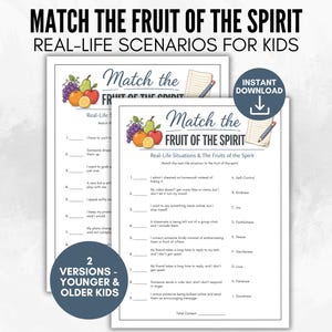 Pode incluir: Duas folhas de trabalho imprimíveis intituladas "Combine o fruto do Espírito" com cenários da vida real para crianças. As folhas de trabalho apresentam ilustrações de frutas e texto. Uma tem um crachá de "Download instantâneo". O texto inclui "2 versões - crianças mais novas e mais velhas."