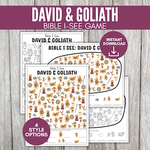 Puede incluir: Cuatro hojas de juego imprimibles "David & Goliat" Bible I-See. Las hojas de juego presentan ilustraciones de personajes y objetos de la historia bíblica. El título "David & Goliat" se muestra en letras blancas grandes sobre una pancarta burdeos.