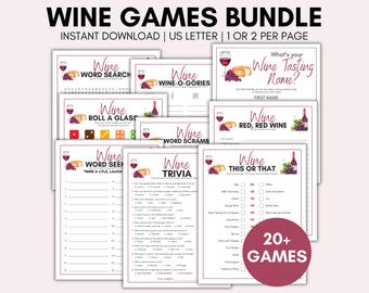 May include: A printable bundle of 20+ wine-themed games, including "Wine Word Search", "Wine Roll a Glass", "Wine Word Scramble", "Wine Trivia", and "Wine This or That". The games are designed for instant download and are formatted for US Letter size paper.