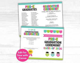 Plantilla de programa de graduación preescolar, programa de graduación para preescolar, programa de graduación preescolar editable, descarga instantánea.