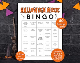 Halloween Music Bingo, Halloween Hits Bingo Cards, Halloween Games, Halloween Playlist, Halloween Songs, October Music Bingo, Halloween Fun