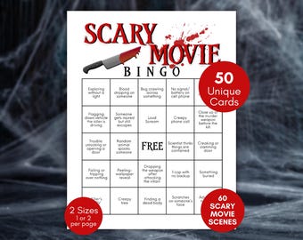 Scary Movie Bingo, Horror Movie Bingo, Halloween Movie Bingo Game, Halloween Party Game for Adults Halloween Activity, Scary Party Idea