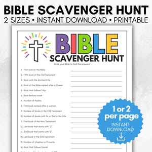 May include: A printable Bible Scavenger Hunt game with the title "BIBLE SCAVENGER HUNT" in colourful letters. The game includes a list of questions and a blue badge that says "1 or 2 per page" and "Instant Download".