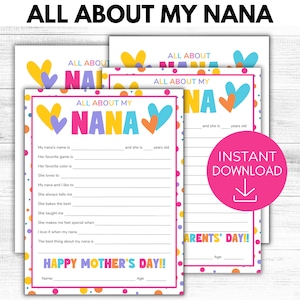 All About My Nana Printable, Grandma Mother&#39;s Day Gift, All About Grandma Keepsake Gift, Gift from Grandkids, Grandparents Day Gift Idea