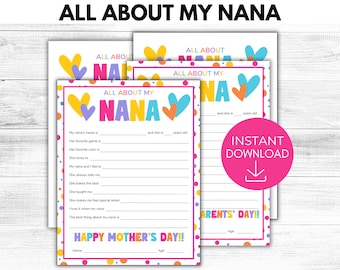 Todo sobre mi Nana imprimible, regalo del día de la madre de la abuela, todo sobre el regalo de recuerdo de la abuela, regalo de los nietos, idea de regalo del día de los abuelos