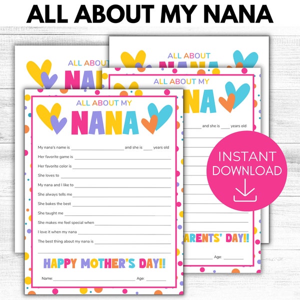 All About My Nana Printable, Grandma Mother's Day Gift, All About Grandma Keepsake Gift, Gift from Grandkids, Grandparents Day Gift Idea