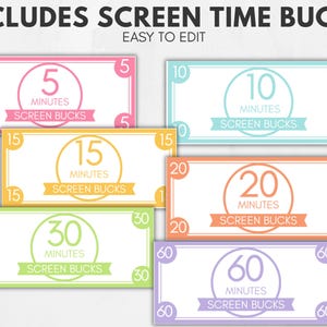 Op de afbeelding: Kleurrijke "Screen Time Bucks" vouchers in verschillende waarden: 5, 10, 15, 20, 30 en 60 minuten. Elke voucher toont de minutenwaarde in een cirkel, met "Screen Bucks" eronder. De tekst "Includes Screen Time Bucks" staat bovenaan.