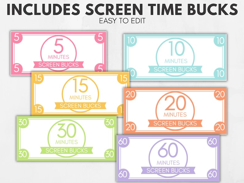 Op de afbeelding: Kleurrijke "Screen Time Bucks" vouchers in verschillende waarden: 5, 10, 15, 20, 30 en 60 minuten. Elke voucher toont de minutenwaarde in een cirkel, met "Screen Bucks" eronder. De tekst "Includes Screen Time Bucks" staat bovenaan.