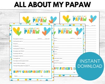 All About My Papaw Printable, Grandpa Father's Day Gift, All About Granddad Keepsake Gift, Gift from Grandkids, Grandparents Day Gift
