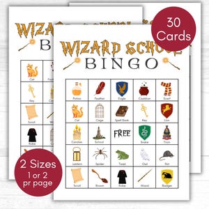 May include: A set of 30 printable Wizard School Bingo cards. Each card features a 5x5 grid with images of various wizarding school items, such as a potion bottle, a feather, an eagle, a cauldron, a scarf, a cat, a cage, a spell book, a key, a lion, candles, a school building, a snake, a train, a lantern, a spider, a toad, an owl, a rat, a scroll, a broom, a robe, a wand, and a badger. The cards are designed for a fun and engaging game for a Harry Potter themed party or event.