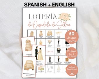 Spaanse vrijgezellenfeestbingo, tweetalig loterijspel, vrijgezellenspel, Mexicaanse loterij, neutrale vrijgezellenfeestloteria, Despedida de Soltera