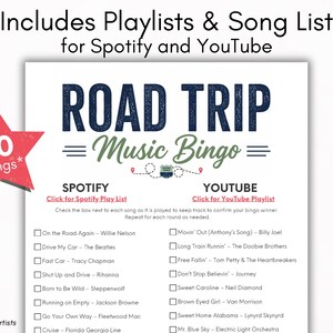 May include: A white sheet with "ROAD TRIP Music Bingo" in navy and green, listing 60 songs for Spotify and YouTube. A red star graphic displays "60 Songs".