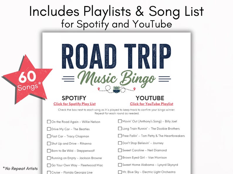 May include: A white sheet with "ROAD TRIP Music Bingo" in navy and green, listing 60 songs for Spotify and YouTube. A red star graphic displays "60 Songs".