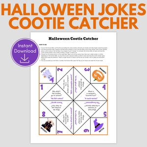 May include: A printable Halloween cootie catcher game with purple and orange accents. The game features eight different Halloween-themed jokes and riddles. The text on the game reads "Halloween Jokes Cootie Catcher".