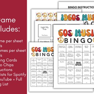 May include: A collection of 1960s music-themed bingo game sheets. The game includes calling cards, bingo chips, and instructions. The bingo cards feature song titles and the words "60s Music Bingo" in colorful, retro fonts. The game is designed for multiple players.