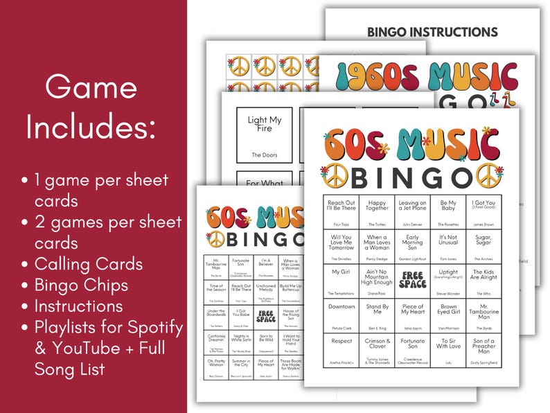May include: A collection of 1960s music-themed bingo game sheets. The game includes calling cards, bingo chips, and instructions. The bingo cards feature song titles and the words "60s Music Bingo" in colorful, retro fonts. The game is designed for multiple players.