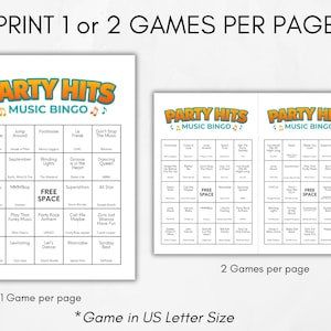 Op de afbeelding: Twee afdrukbare Party Hits Music Bingo-spelbladen. E&eacute;n blad heeft &eacute;&eacute;n spel, de andere heeft twee spellen per pagina. Het spel is in US Letter-formaat. De speltitel is in oranje en blauw.