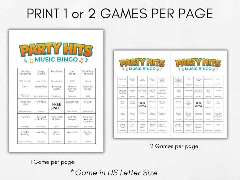 Op de afbeelding: Twee afdrukbare Party Hits Music Bingo-spelbladen. E&eacute;n blad heeft &eacute;&eacute;n spel, de andere heeft twee spellen per pagina. Het spel is in US Letter-formaat. De speltitel is in oranje en blauw.