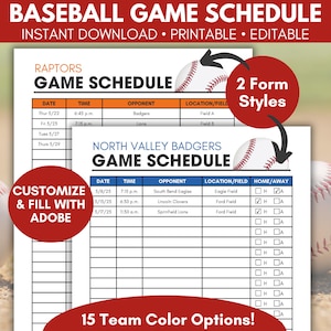 Bearbeitbarer Baseballzeitplan, TBall Spielzeitplanvorlage, Spiel- und Übungsschule, Sommerballzeitplan, Baseball Mom, Spieltagplaner