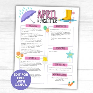 May include: April newsletter with a purple umbrella, yellow rain boots, and text. The newsletter includes sections for messages, reminders, birthdays, and contact information. The text says "Edit for Free with Canva."
