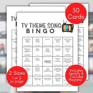 Bingo de canciones temáticas de TV, Temas icónicos de programas de TV, Amantes de los programas de TV, Reunión familiar, Noche de juegos en familia, Actividad para recaudar fondos, Bingo musical divertido