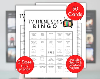Bingo de canciones temáticas de TV, Temas icónicos de programas de TV, Amantes de los programas de TV, Reunión familiar, Noche de juegos en familia, Actividad para recaudar fondos, Bingo musical divertido