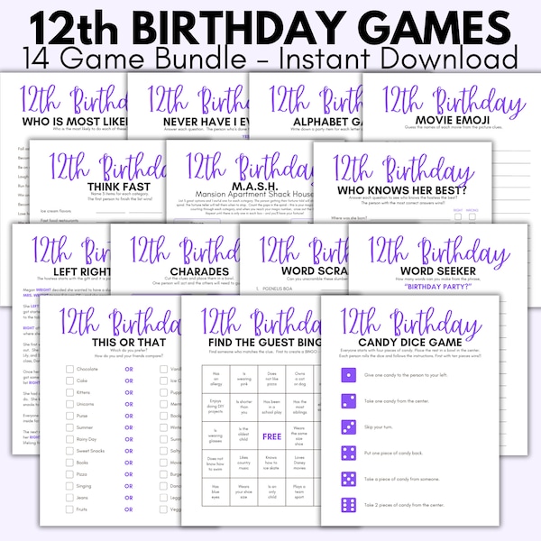 12th Birthday Party Games, 12 Year Old Party Games, Twelfth Birthday,  Girls 12th Birthday, Purple 12th Birthday, 12-year-old girls birthday