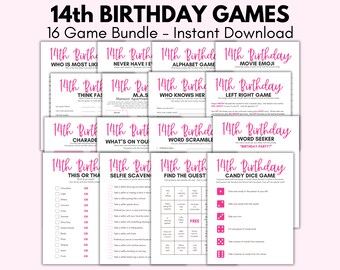 Peut inclure: Un ensemble de 16 jeux de fête d'anniversaire imprimables pour un 14e anniversaire. Les jeux comprennent "Qui est le plus comme", "Jamais je n'ai jamais", "Jeu d'alphabet", "Emoji de film", "Pense vite", "M.A.S Mansion Apartment", "Qui la connaît", "Jeu gauche droite", "Charade", "Ce qui est sur toi", "Mélange de mots", "Chercheur de mots", "Ceci ou cela", "Chasse au selfie", "Trouve l'invité", et "Jeu de dés à bonbons".
