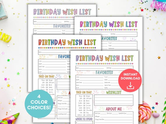 Birthday Wish List Printable, Printable Birthday Questionnaire, My Favorite Things Survey, Work Questionnaire, My Favorite Things Printable