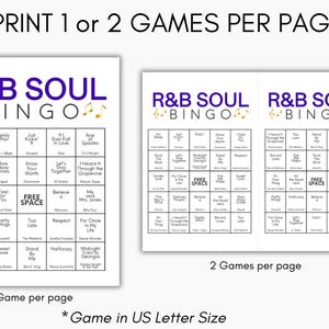 May include: Two white sheets of R&B Soul Bingo cards. The cards have a purple and gold design with song titles and artist names. The text at the top says "Print 1 or 2 games per page".