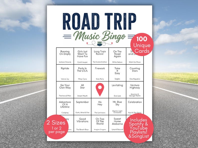 May include: A white printable "Road Trip Music Bingo" game sheet with a blue sky and road background. The sheet includes 100 unique cards, 2 sizes, and Spotify & YouTube playlists. The title is in navy blue with a green accent.