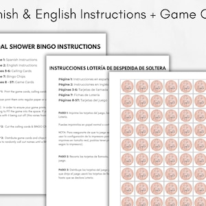 May include: A set of printable bridal shower bingo instructions and game chips in English and Spanish. The documents include pages for calling cards, bingo chips, and game cards, featuring a grid of circular pink chips with script text.