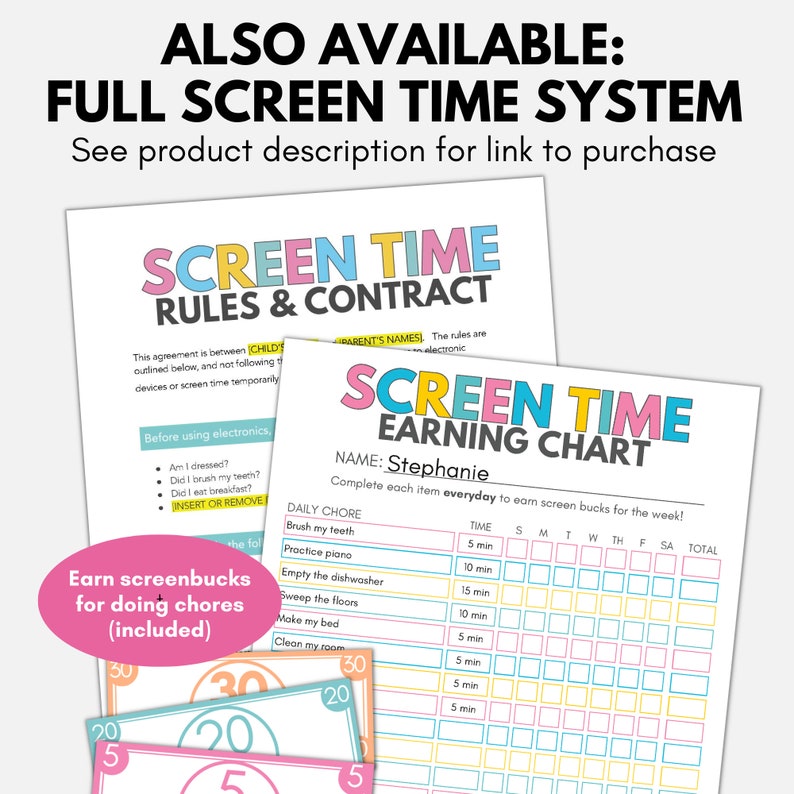 May include: A printable screen time chart for kids with a pink, blue, and yellow color scheme. The chart includes a section for daily chores and a grid to track screen time earned for completing chores. The chart is titled "Screen Time Earning Chart" and includes the name "Stephanie".