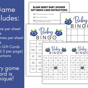 Peut inclure: Cartes de jeu de bingo pour une baby shower sur le th&egrave;me des myrtilles. Les cartes comprennent des instructions, des cartes cadeaux vierges et des cartes de bingo uniques. Le texte sur les cartes indique "Baby Bingo" avec une illustration de myrtille.