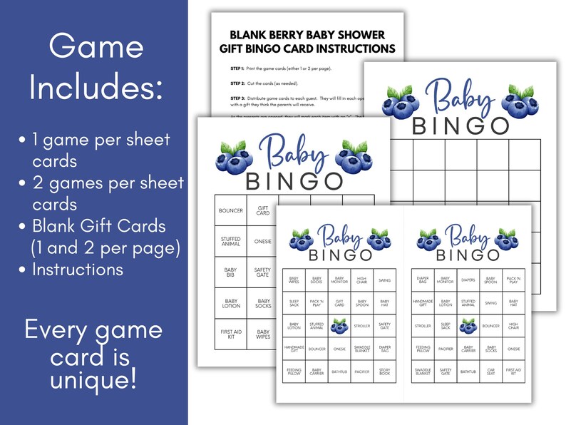 Peut inclure: Cartes de jeu de bingo pour une baby shower sur le th&egrave;me des myrtilles. Les cartes comprennent des instructions, des cartes cadeaux vierges et des cartes de bingo uniques. Le texte sur les cartes indique "Baby Bingo" avec une illustration de myrtille.