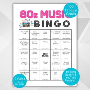 Puede incluir: Una tarjeta de juego de bingo musical de los 80 en blanco con un título rosa y negro. La tarjeta presenta una cuadrícula de títulos de canciones y nombres de artistas, con el texto "100 cartas únicas" y "¡60 listas de reproducción de Spotify y YouTube!"