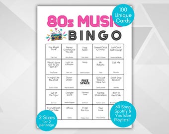 80s Music Bingo, 80s Songs Bingo, Totally 80s Game, 80s Party Game, 100 Bingo Cards, 80s Spotify Playlist, 80s Retro Bingo, 80s Activity