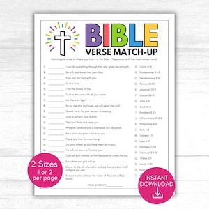 Op de afbeelding: Een afdrukbaar Bijbelvers Match-Up-spelblad met een kleurrijk kruis en de woorden "BIBLE VERSE MATCH-UP". Het blad bevat verzen om te matchen met bijbehorende bijbelverwijzingen. Het spel is beschikbaar in twee formaten en is een direct download.