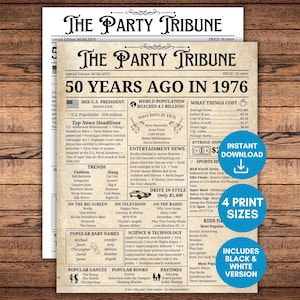 Puede incluir: Una impresión de estilo vintage titulada "The Party Tribune" que celebra hace 50 años en 1976. El diseño incluye titulares de noticias, nombres de bebés populares, tendencias y noticias de entretenimiento. Disponible en 4 tamaños de impresión y en blanco y negro.