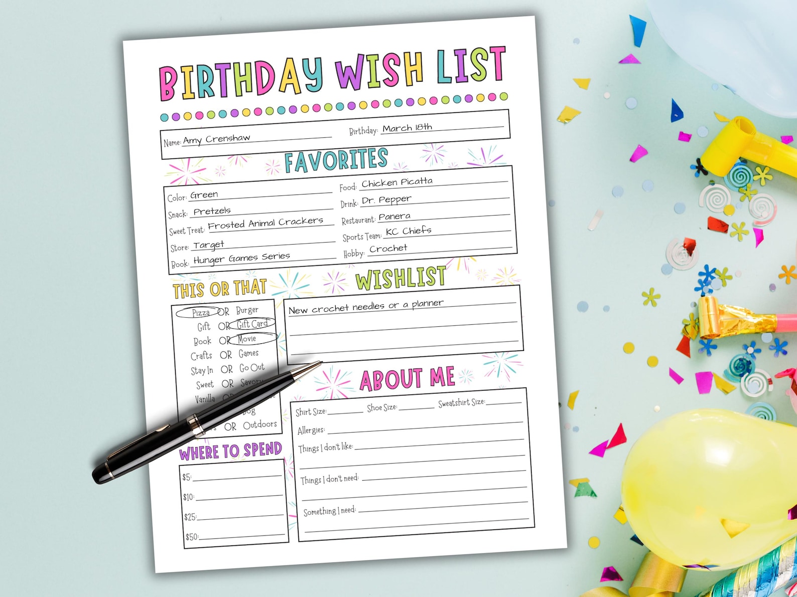 Birthday Wish List Printable, Printable Birthday Questionnaire, My ...