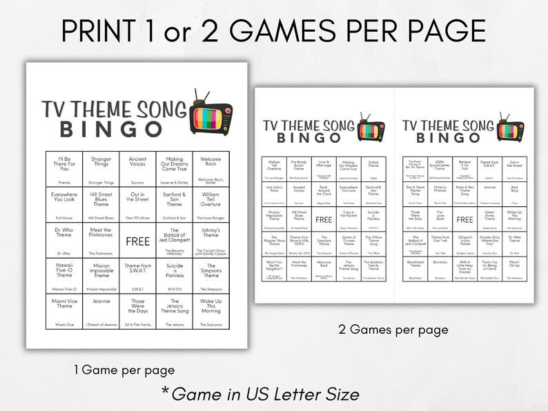 TV Theme Song Bingo 100 Cards, Iconic TV Show Themes, TV Show Lovers, Family Gathering, Family Game Night, Fundraiser Activity, Music Bingo image 2