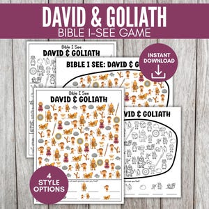 Puede incluir: Cuatro hojas imprimibles del juego "David & Goliath" Bible I-See. Las hojas presentan ilustraciones de personajes y objetos de la historia bíblica. La pancarta superior dice "DAVID & GOLIATH BIBLE I-SEE GAME". Las hojas tienen el texto "Bible I See DAVID & GOLIATH".