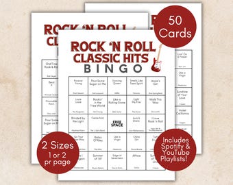 Rock and Roll Music Bingo, Rock and Roll Classic Songs Playlist, 50s 60s 70s 80s 90s Hits Game, Rock 'n Roll Game, Classic Rock Music Bingo