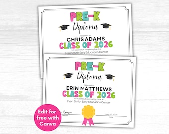 Pre-K Diploma Template, Pre-K Graduation, Printable PreK Graduation Certificate, Pre-K Certificate, Preschool Graduation, Pre-K Celebration