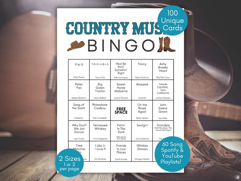 Bingo de música country, Bingo de música country de los 90, Bingo de canciones country clásicas, Bingo Honky Tonk, Juego de fiesta de música country, Lista de reproducción de canciones country imagen 1