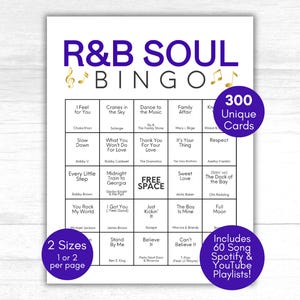 May include: A white R&B Soul Bingo game card with purple text and musical notes. The card features song titles in a grid, with two purple circles indicating 300 unique cards and 60 Spotify & YouTube playlists. Available in 2 sizes.